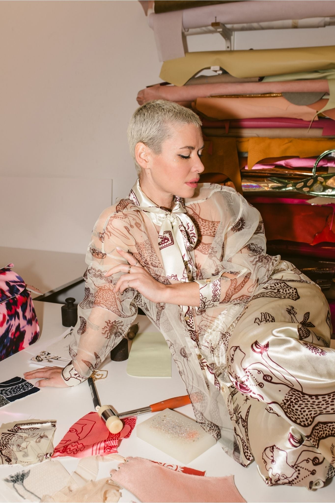 STRAIGHT CUT SATIN PANTS - "MERMAIDS PRINT" | LEMON BUTTER & EGGPLANT