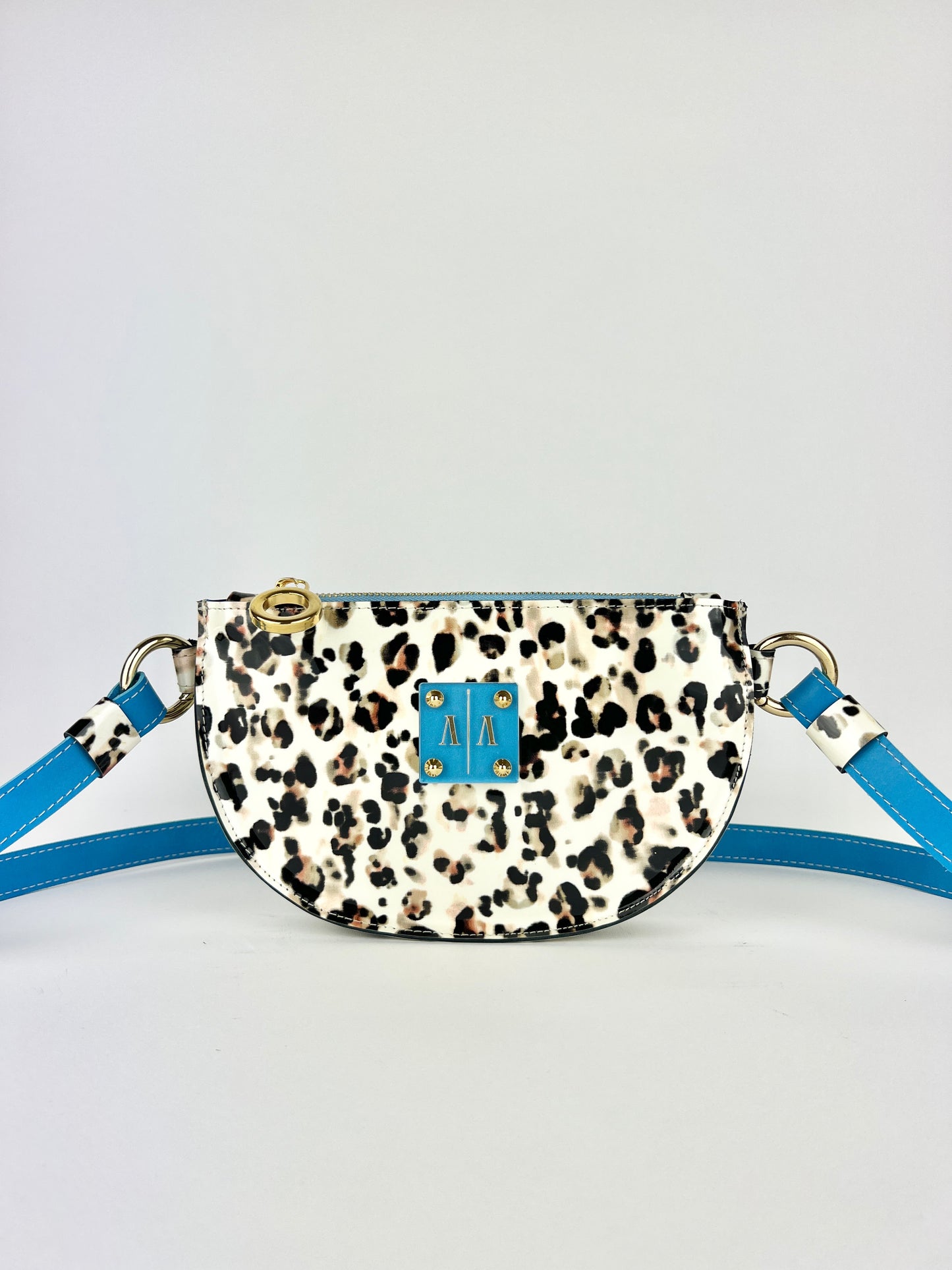 SOPHIE BELTBAG | PATENT CHEETAH PRINT w. BRIGHT BLUE ACCENTS