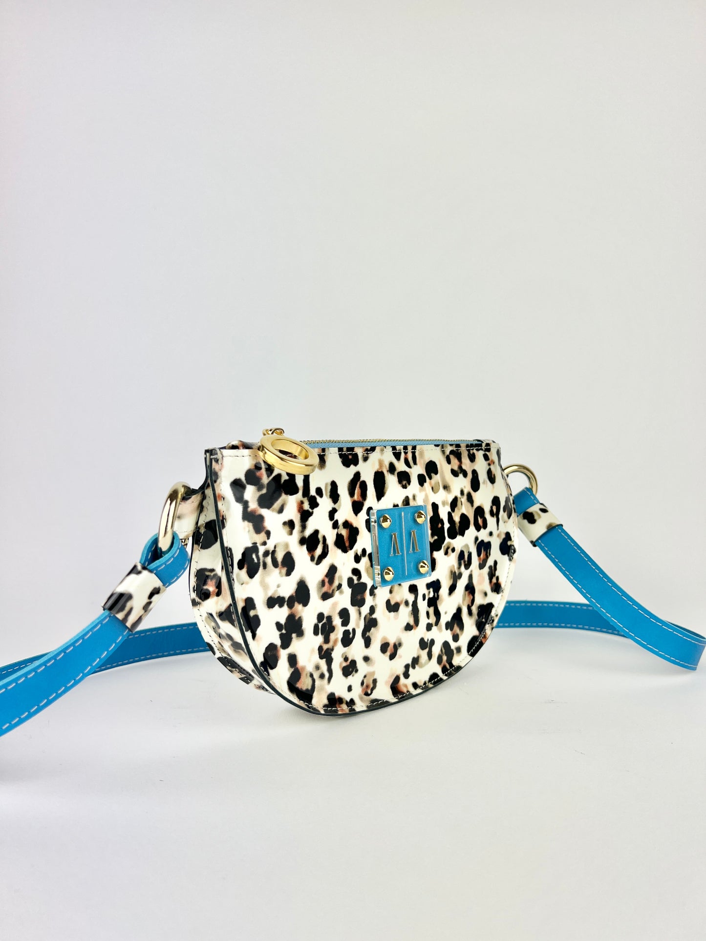 SOPHIE BELTBAG | PATENT CHEETAH PRINT w. BRIGHT BLUE ACCENTS