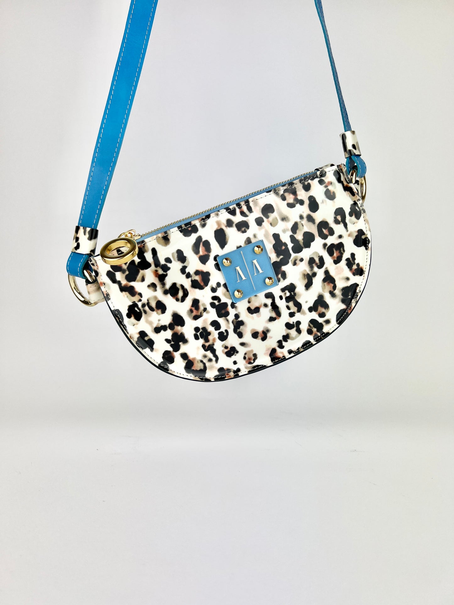 SOPHIE BELTBAG | PATENT CHEETAH PRINT w. BRIGHT BLUE ACCENTS