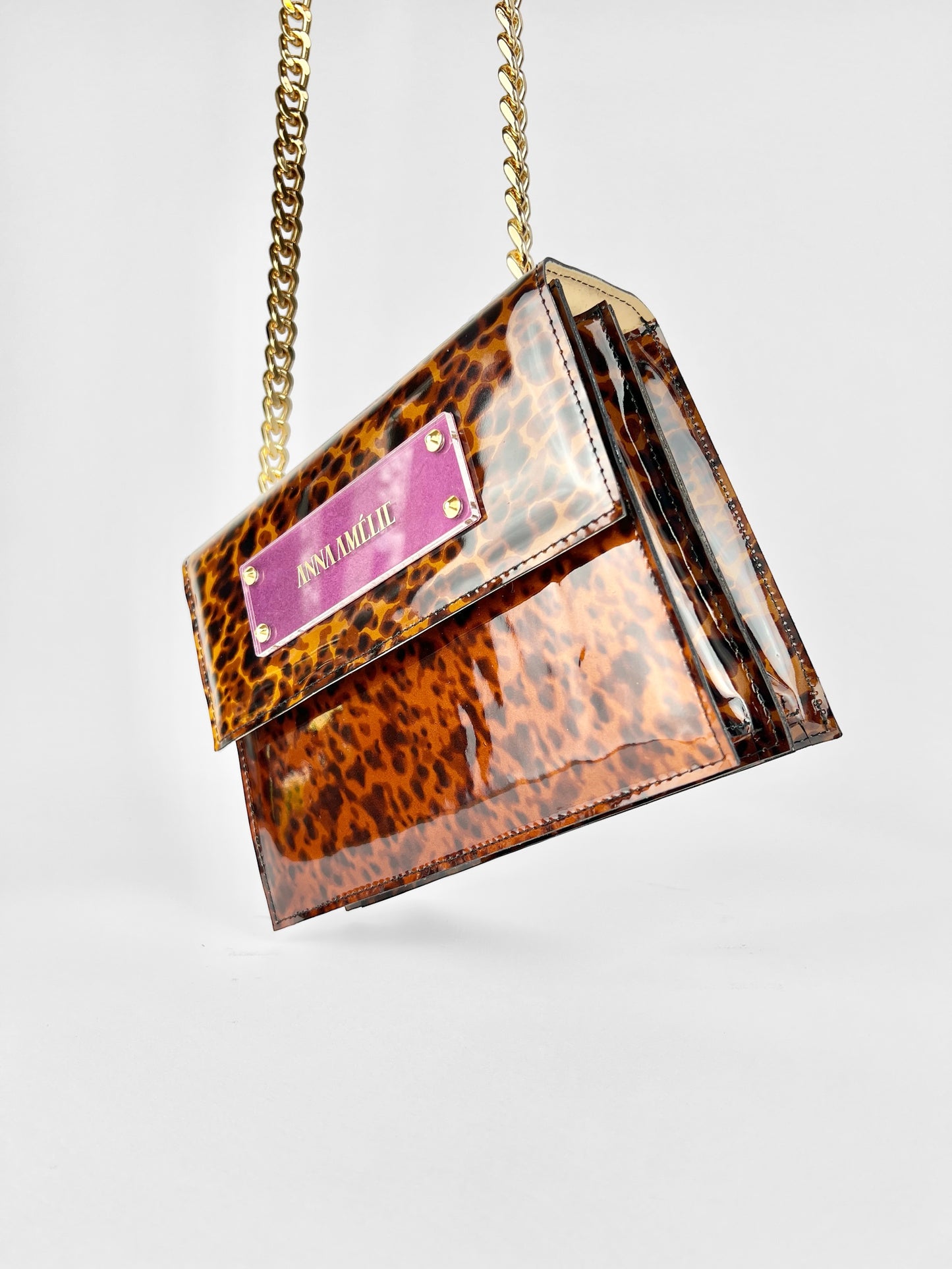 APRIL BAG | TORTOISE PATENT LEATHER w. FUCHSIA LOGO ACCENT