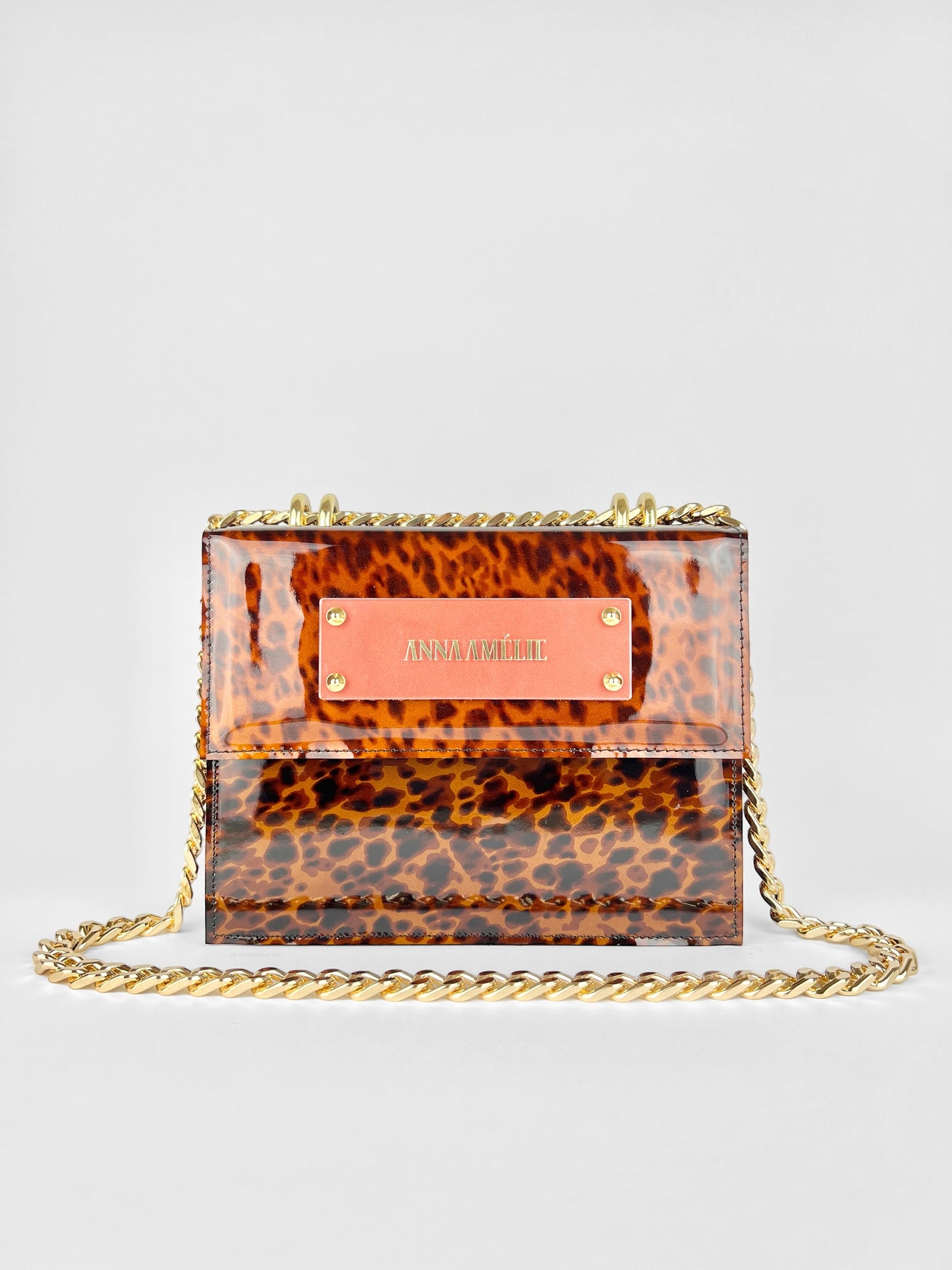 APRIL BAG | TORTOISE PATENT LEATHER w. ORANGE-BROWN LOGO ACCENT