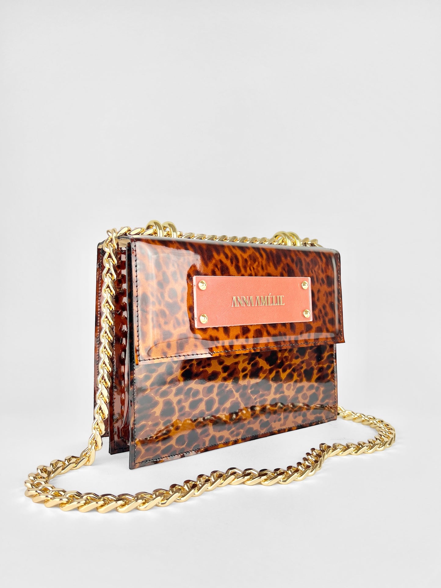 APRIL BAG | TORTOISE PATENT LEATHER w. ORANGE-BROWN LOGO ACCENT