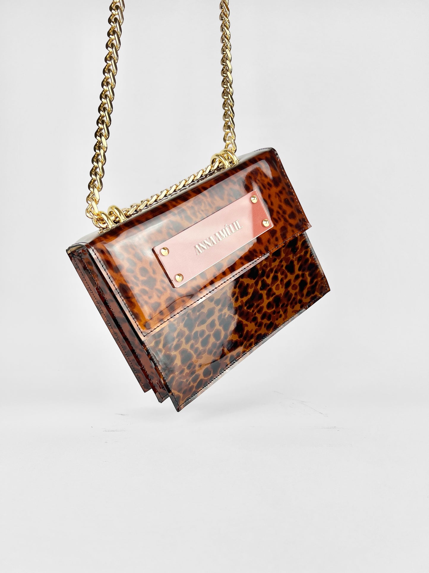 APRIL BAG | TORTOISE PATENT LEATHER w. ORANGE-BROWN LOGO ACCENT