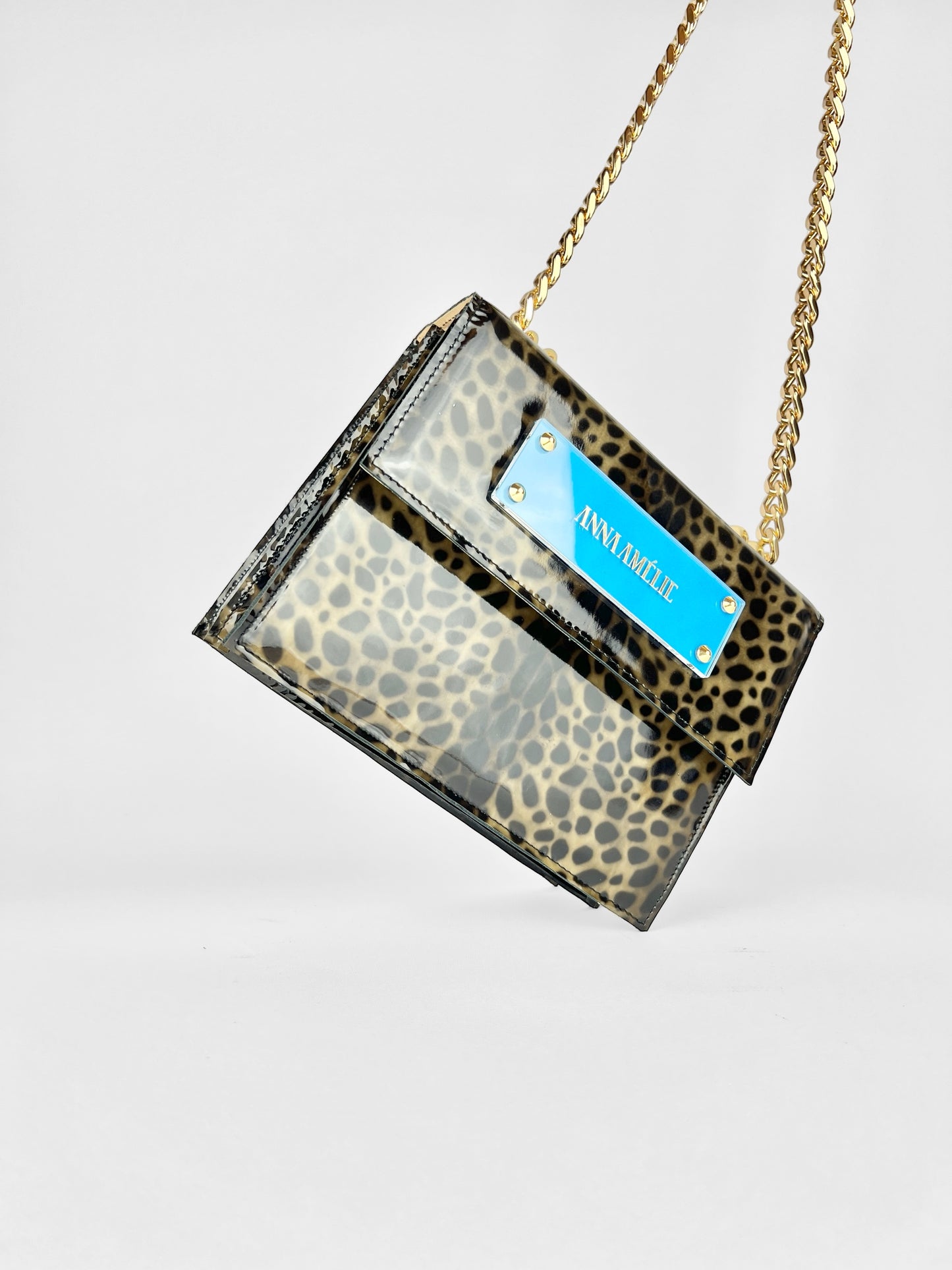 APRIL BAG | LEOPARD PATENT LEATHER w. BRIGHT BLUE LOGO ACCENT