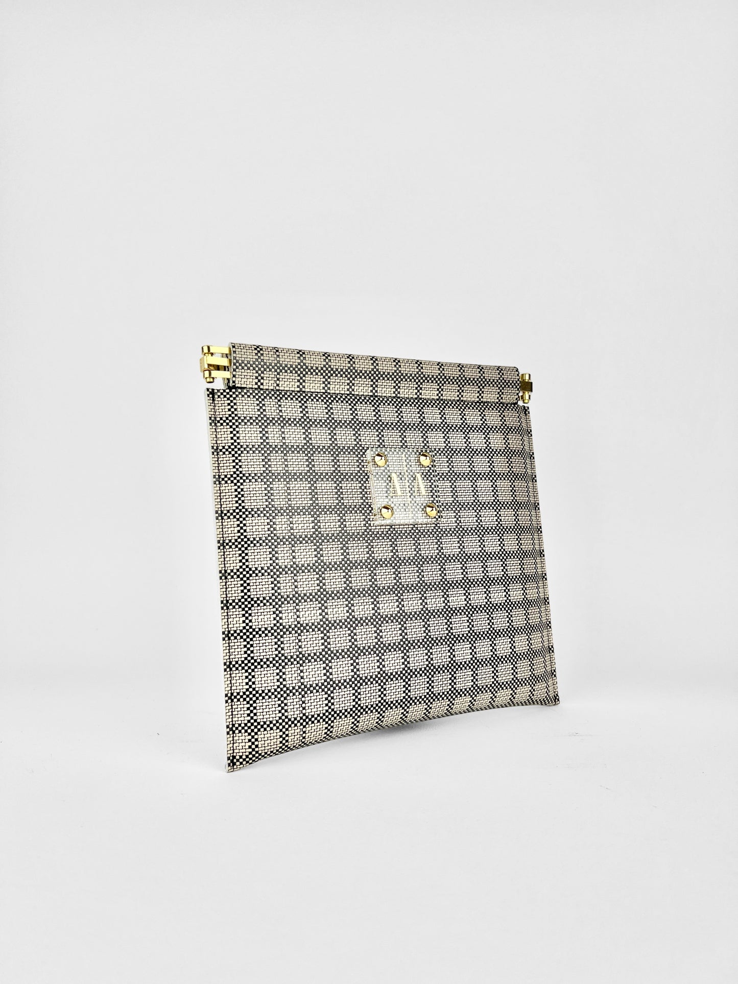 MARLENE “S” CLUTCH | BLACK AND BEIGE CHECK PATTERNED LEATHER