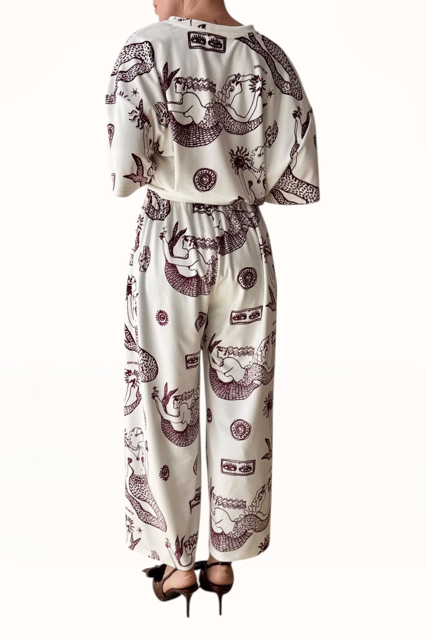 VELVET WIDE CROP PANTS - “MERMAID PRINT” | OFF WHITE & EGGPLANT