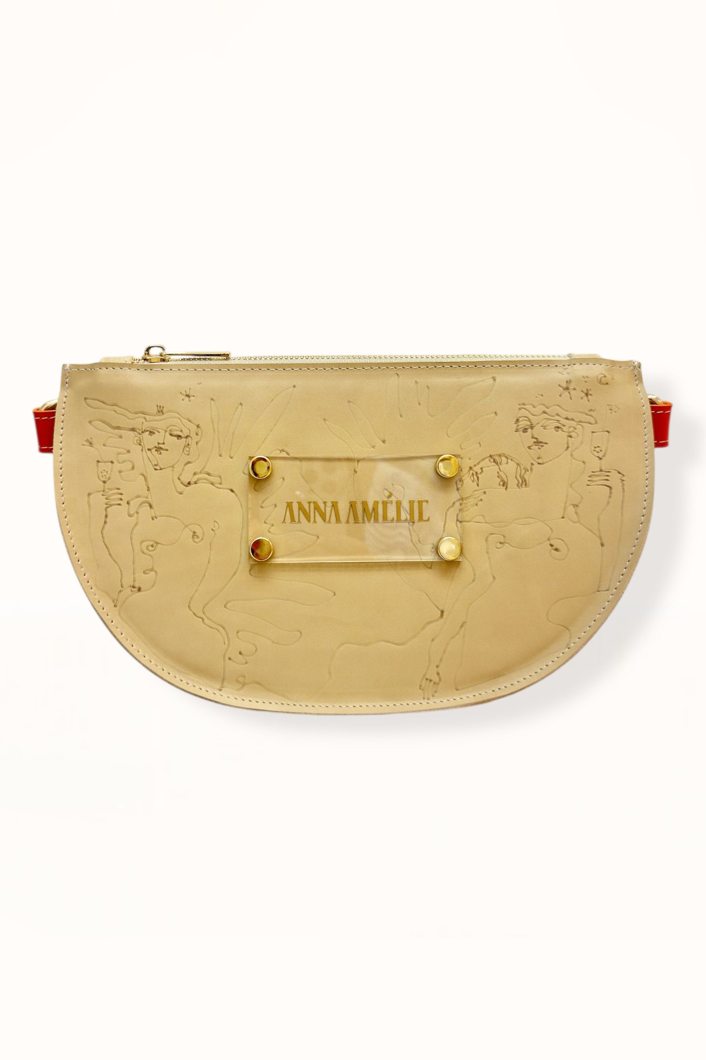 SOPHIE “L” BELTBAG - BEIGE w. UNIQUE DRAWING | ORANGE STRAP