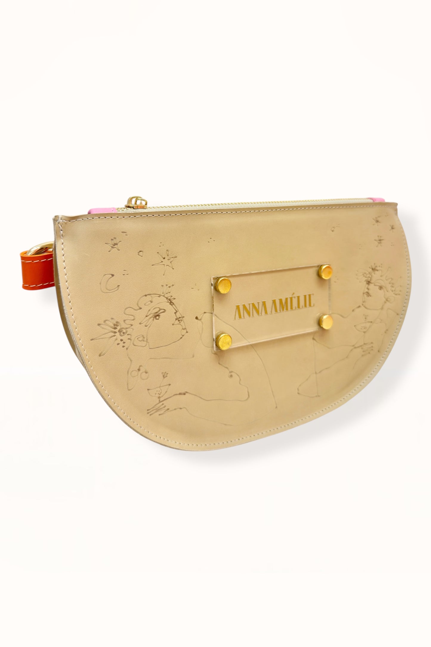 SOPHIE “L” BELTBAG - BEIGE w. UNIQUE DRAWING | PINK STRAP