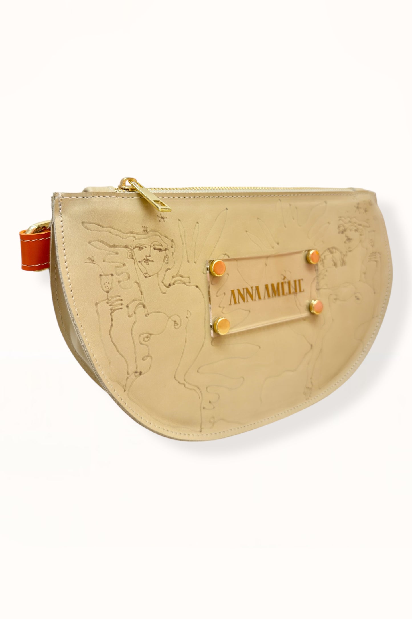 SOPHIE “L” BELTBAG - BEIGE w. UNIQUE DRAWING | ORANGE STRAP