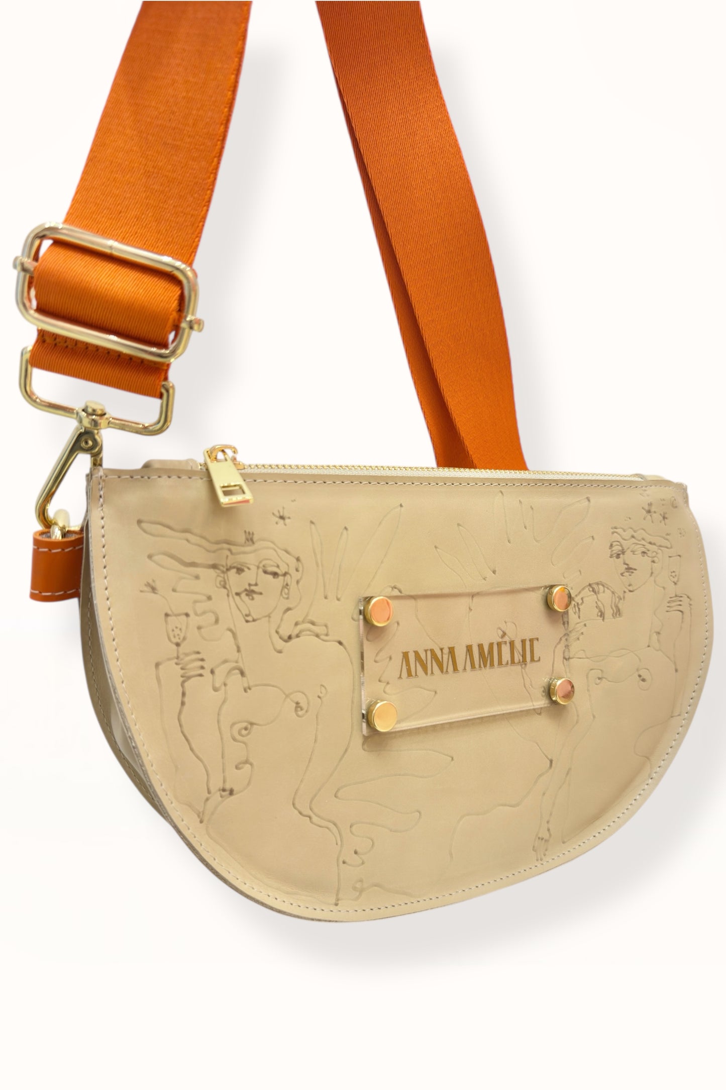 SOPHIE “L” BELTBAG - BEIGE w. UNIQUE DRAWING | ORANGE STRAP