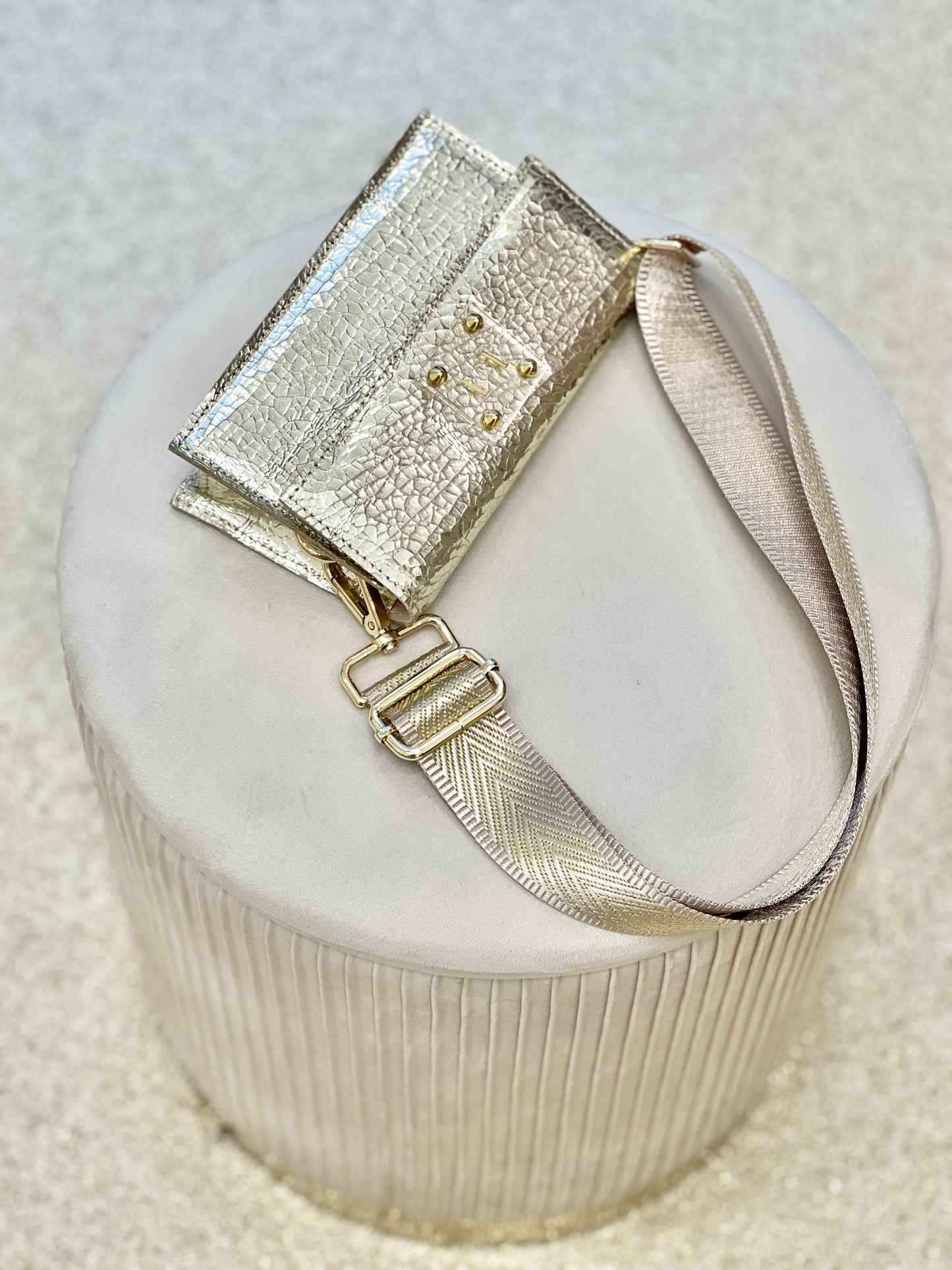 WEBBING SHOULDER STRAP | BEIGE AND GOLD HERRINGBONE