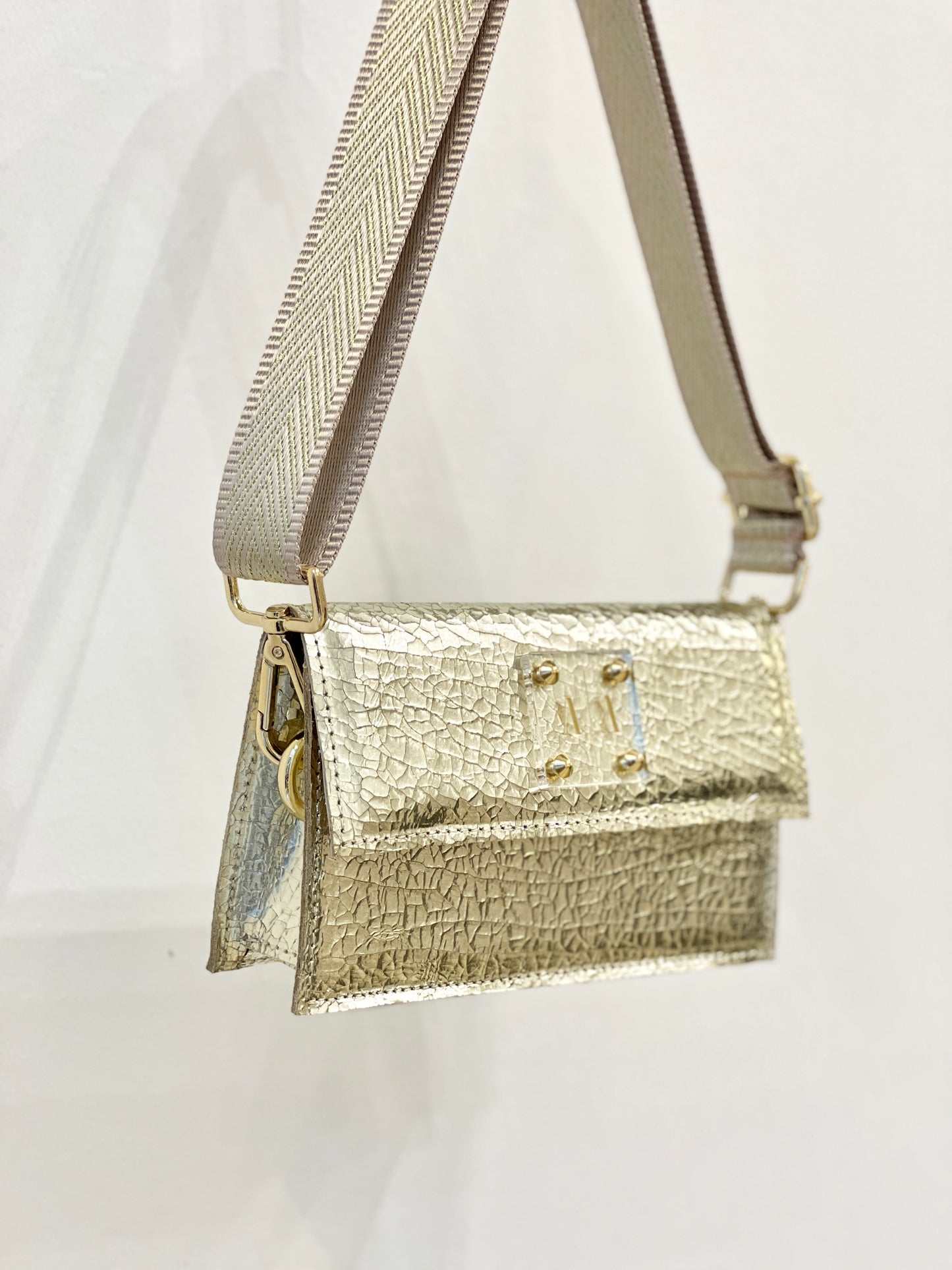 WEBBING SHOULDER STRAP | BEIGE AND GOLD HERRINGBONE