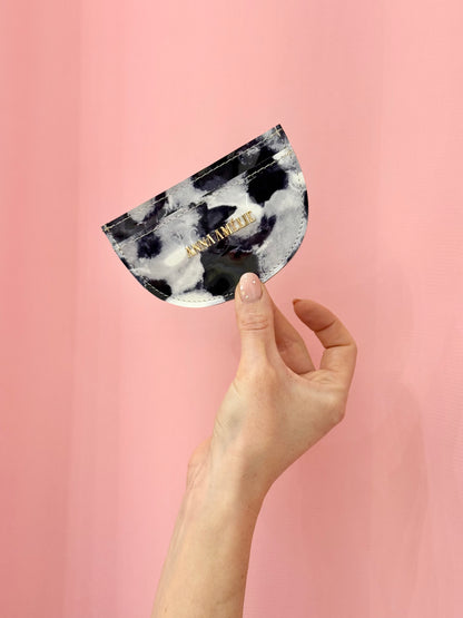 ROUNDED CARD HOLDER - GREY & BLACK MARBLED PATENT LEATHER
