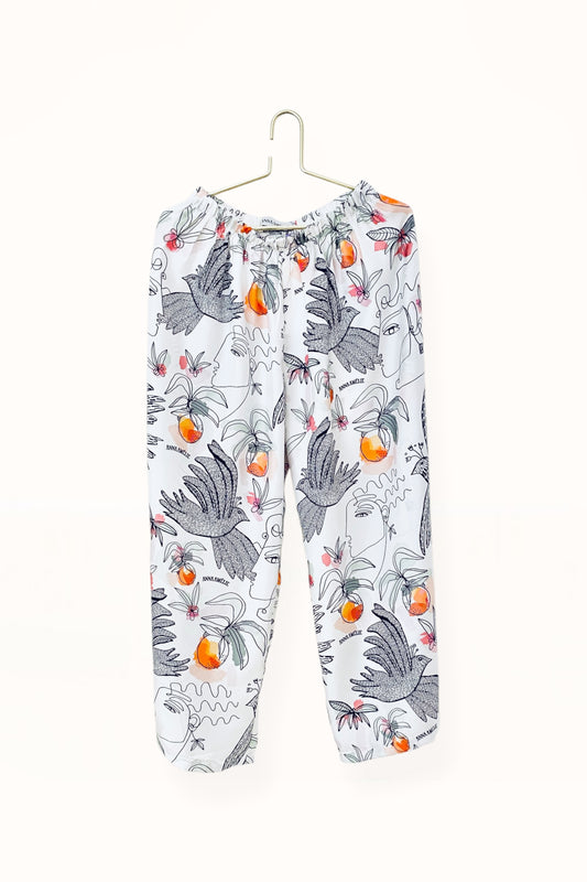 Special Pre-Order |  ELASTICATED WAIST PANTS  |  “BIRDS PRINT” - WHITE & MULTICOLOR