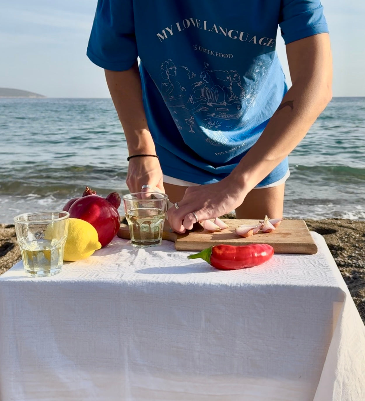 “MY LOVE LANGUAGE IS GREEK FOOD”  T-SHIRT | MEDIUM BLUE