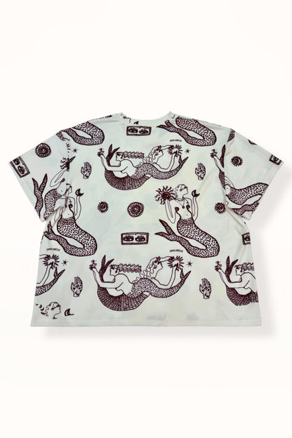 VELVET T-SHIRT - “MERMAID PRINT”  | OFF WHITE & EGGPLANT