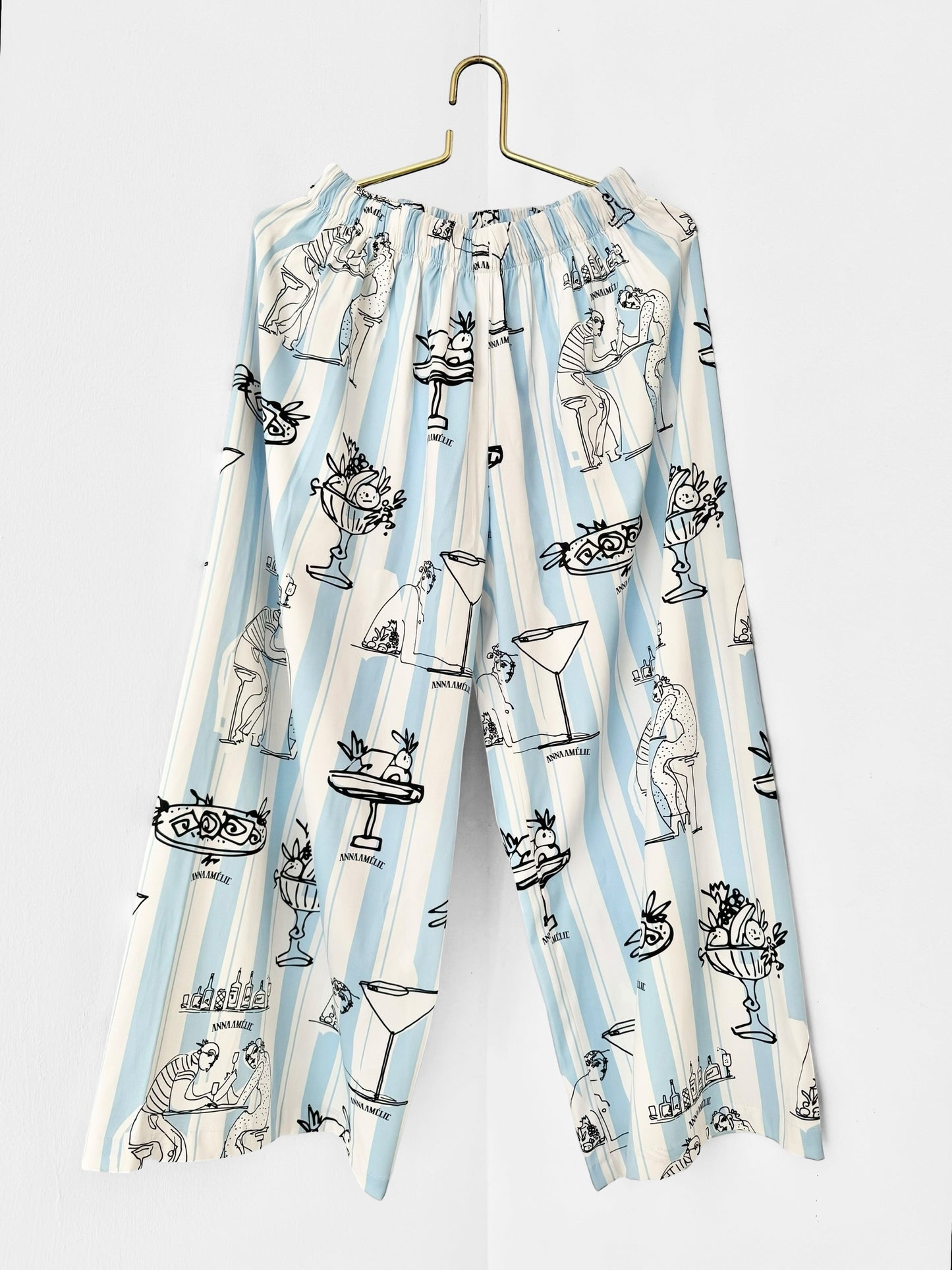 ANDROS SATIN PANTS - FEAST PRINT | PALE BLUE & WHITE STRIPED