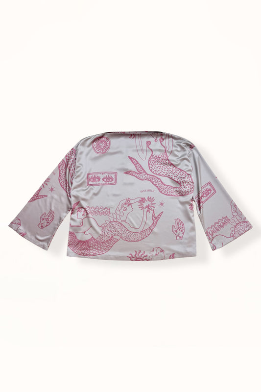 BOAT NECK SATIN TOP - "MERMAIDS & HANDS PRINT"  | TAUPE & PINK