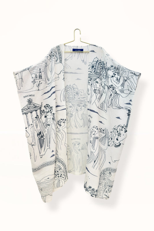 THIRA GAUZE CAFTAN - “SCENIC ARCHWAY” PRINT | DARK BLUE & WHITE