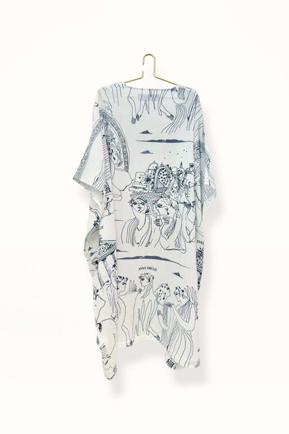 THIRA GAUZE CAFTAN - “SCENIC ARCHWAY” PRINT | DARK BLUE & WHITE