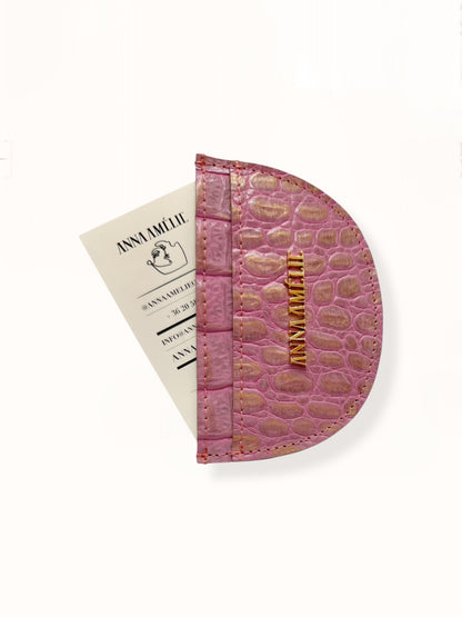 ROUNDED CARD HOLDER - PINK AND GOLD CROC EMBOSSED LEATHER