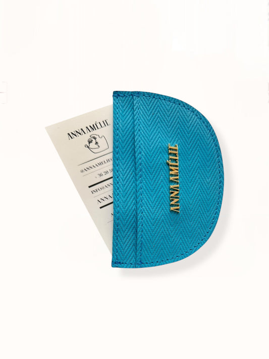 ROUNDED CARD HOLDER - BRIGHT BLUE HERRINGBONE EMBOSSED LEATHER