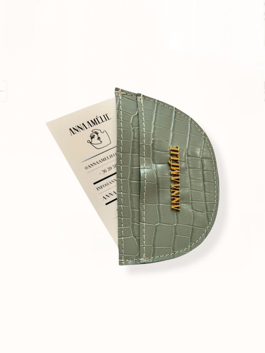 ROUNDED CARD HOLDER - MOSS GREEN CROC EMBOSSED LEATHER