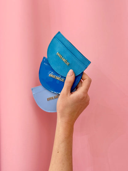 ROUNDED CARD HOLDER - BRIGHT BLUE HERRINGBONE EMBOSSED LEATHER