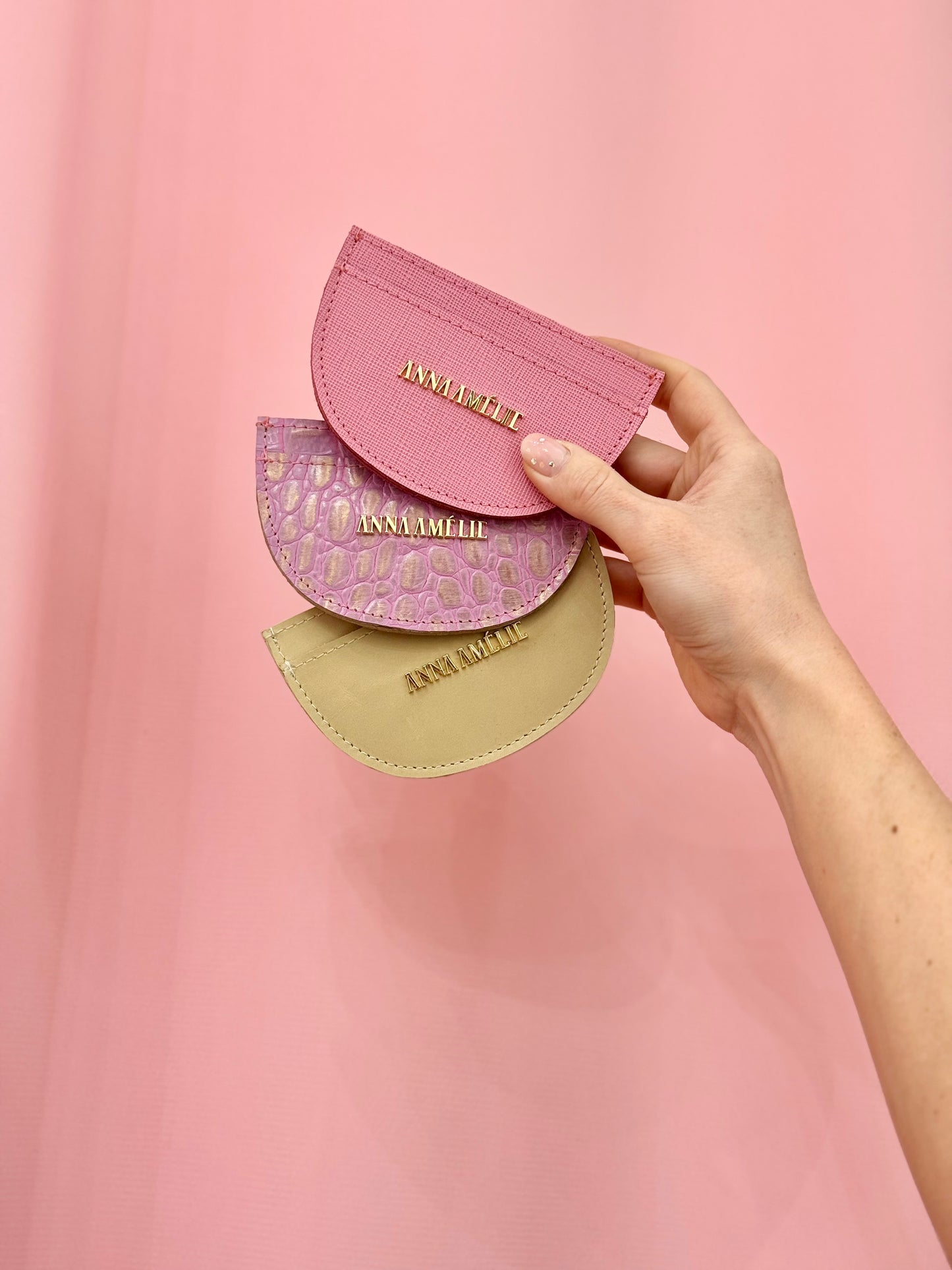 ROUNDED CARD HOLDER - PINK AND GOLD CROC EMBOSSED LEATHER