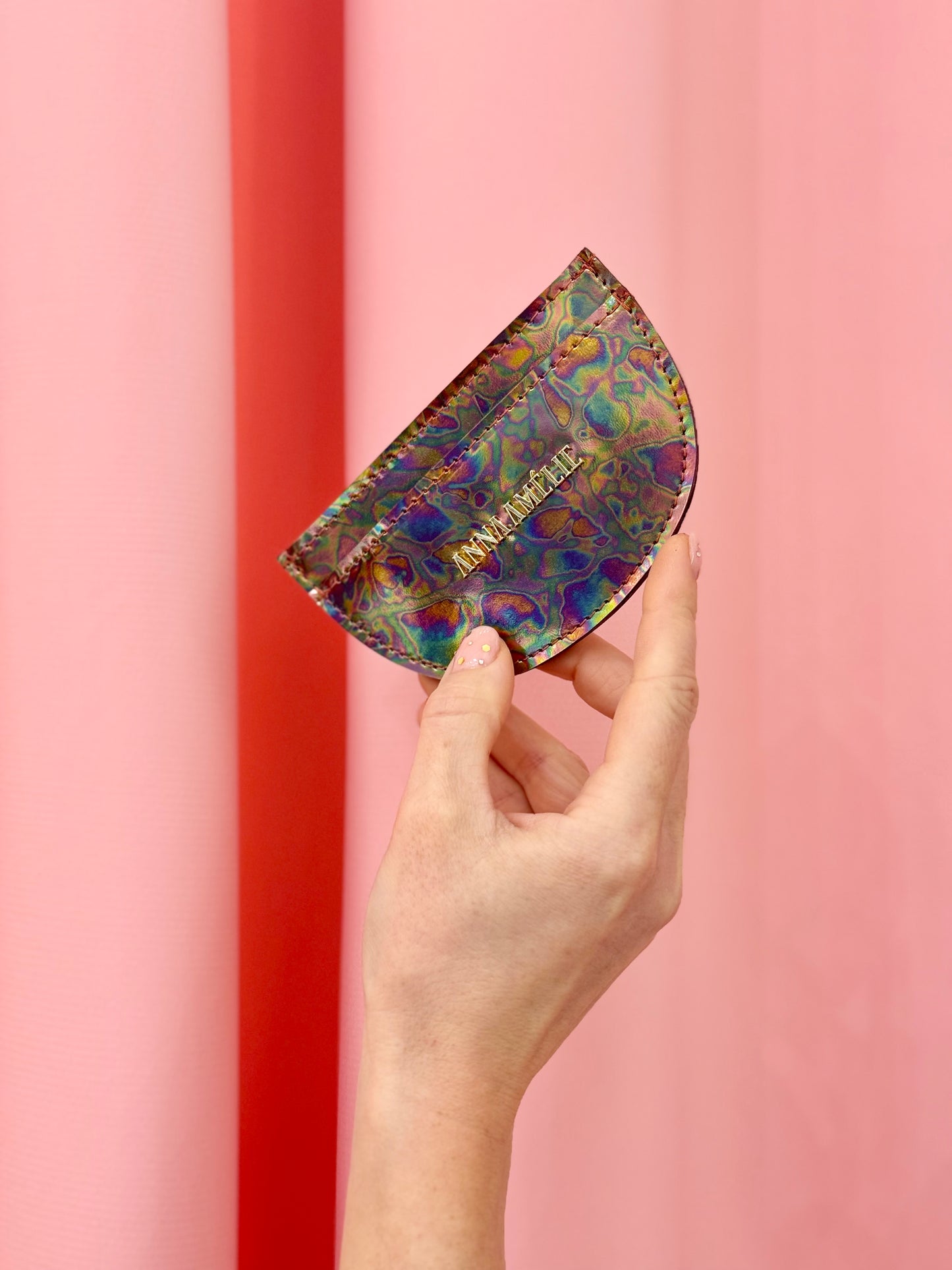 ROUNDED CARD HOLDER - METALLIC OIL SPILL LEATHER