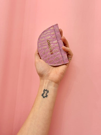 ROUNDED CARD HOLDER - PINK AND GOLD CROC EMBOSSED LEATHER