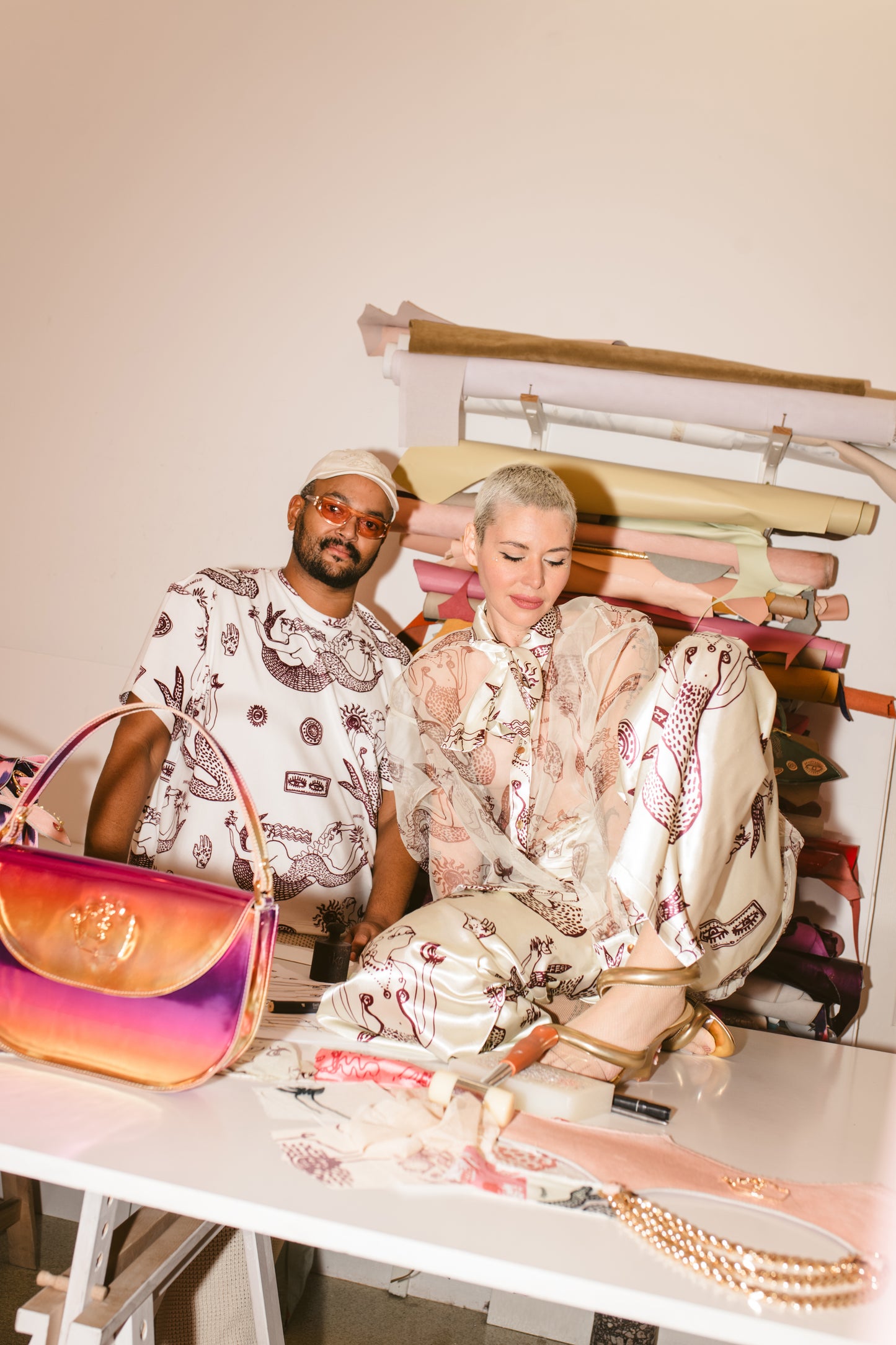 VELVET T-SHIRT - “MERMAID PRINT”  | OFF WHITE & EGGPLANT