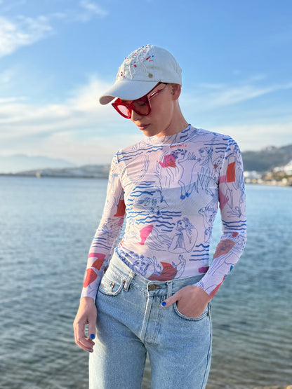 TATTOO MESH TOP - “AEGEAN SEA”  PRINT | WHITE