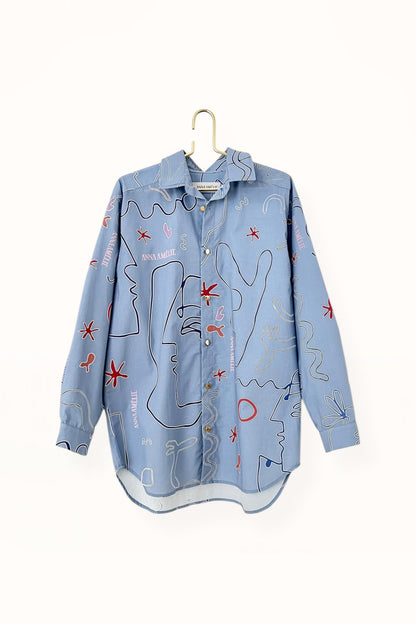 Special Pre-Order |  BUTTON DOWN SHIRT  |  “FACES PRINT” - GREY BLUE