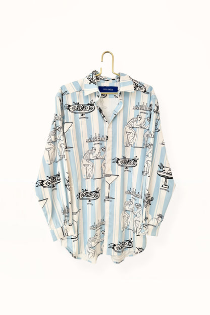 Special Pre-Order |  BUTTON DOWN SHIRT  |  “FEAST PRINT” - PALE BLUE & WHITE STRIPED