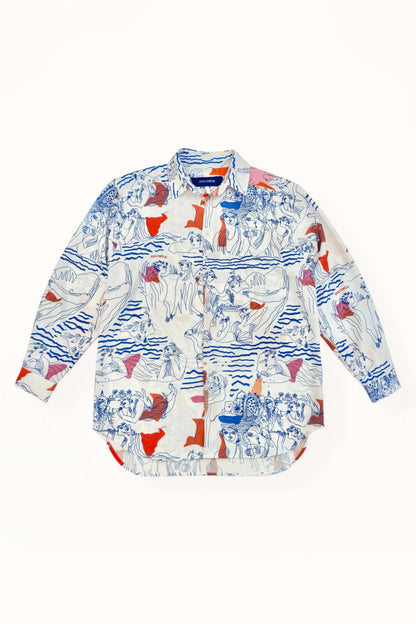 Special Pre-Order |  BUTTON DOWN SHIRT  |  “AEGEAN SEA PRINT” | WHITE