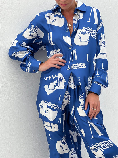 Special Pre-Order |  BUTTON DOWN SHIRT  |  “FACES LOGO PRINT” - GREEK BLUE