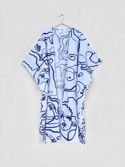 Sample Sale - HYDRA COTTON CAFTAN - LINES PRINT | BLUE & WHITE