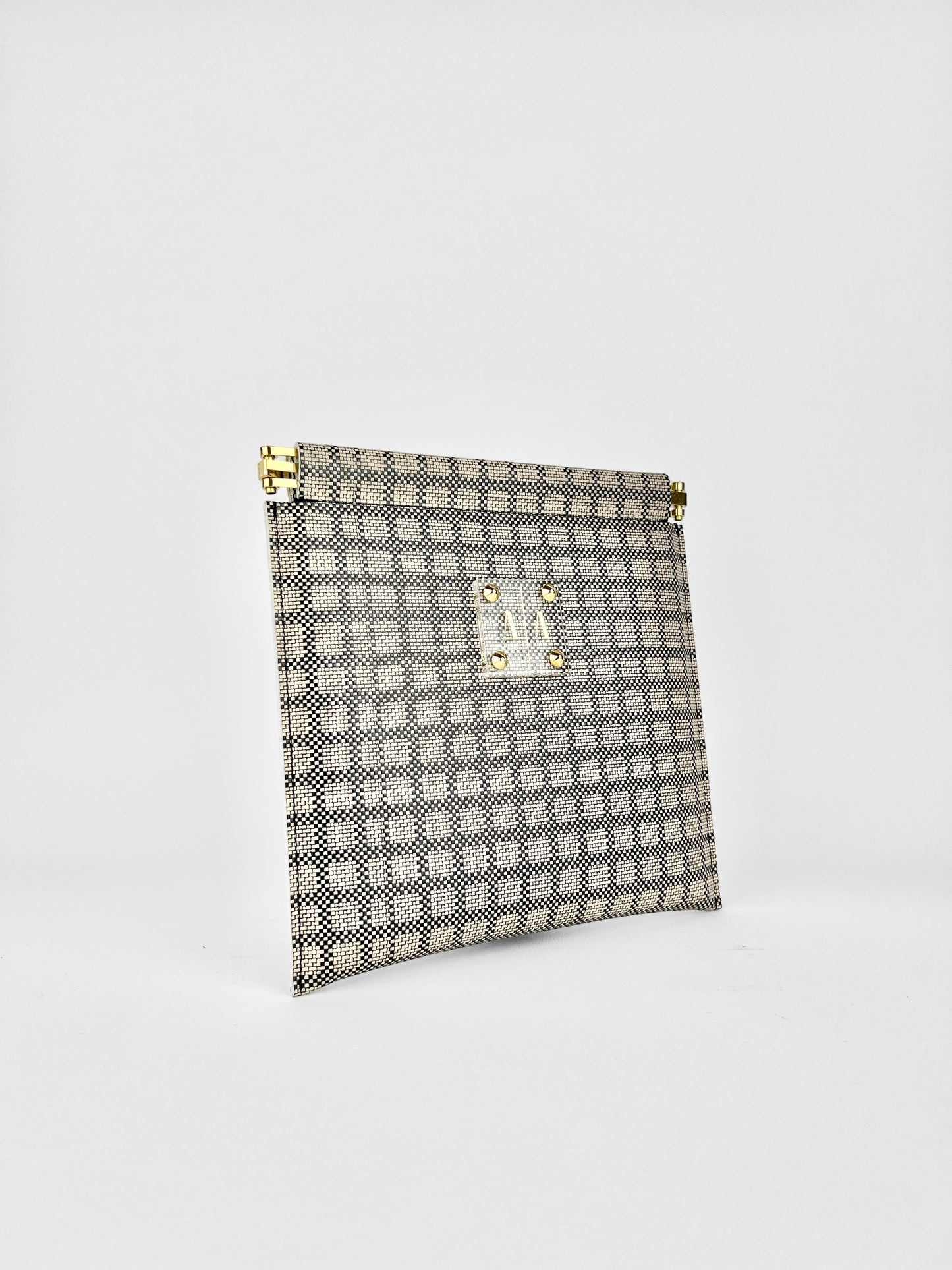 MARLENE “S” CLUTCH  |  BLACK AND BEIGE CHECK PATTERNED LEATHER