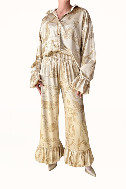 BUBBLE HEM SATIN PANTS - "MERMAIDS PRINT"  | GOLDEN