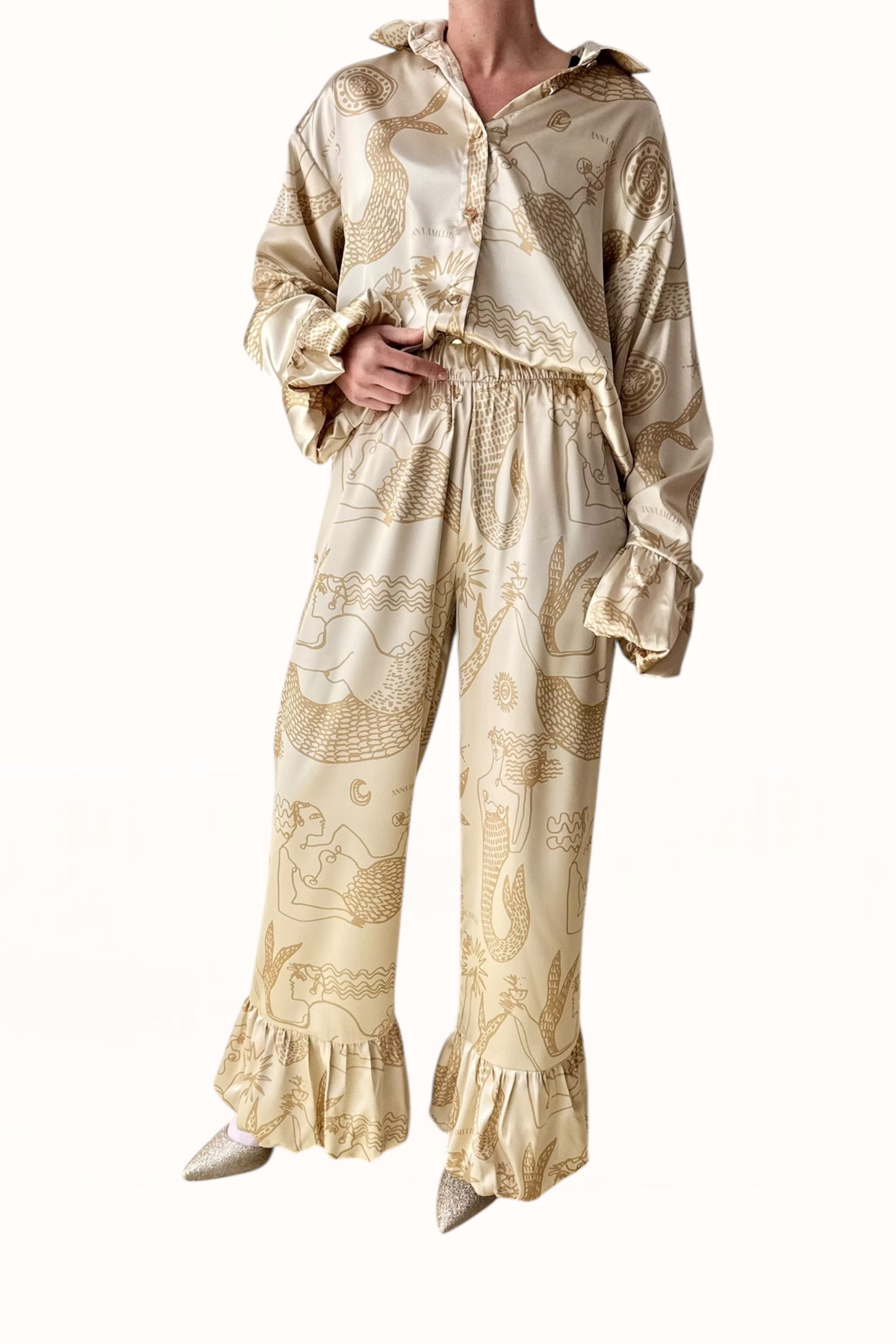 BUBBLE HEM SATIN PANTS - "MERMAIDS PRINT"  | GOLDEN