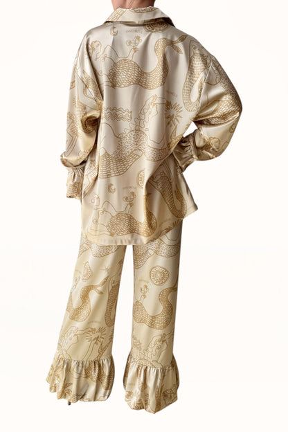 BUBBLE CUFF SATIN SHIRT - "MERMAIDS PRINT"  | GOLDEN