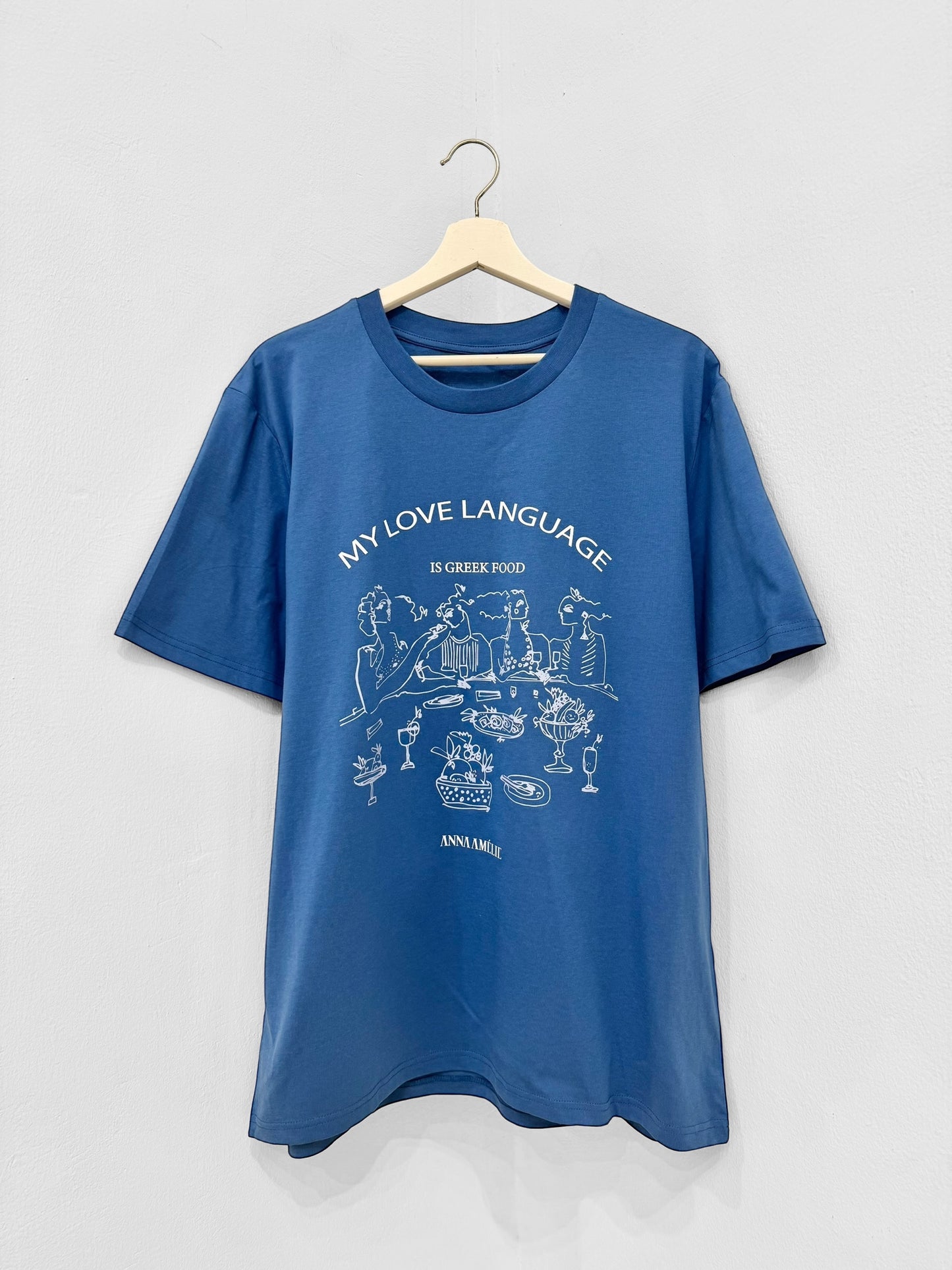 Sample Sale - “MY LOVE LANGUAGE IS GREEK FOOD”  T-SHIRT | MEDIUM BLUE (Copy)