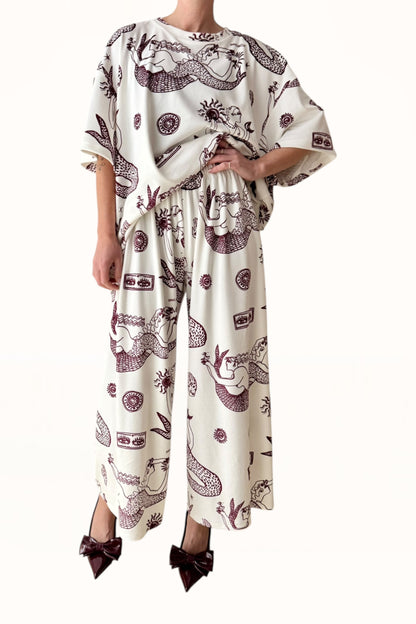 VELVET WIDE CROP PANTS  - “MERMAID PRINT”  | OFF WHITE & EGGPLANT