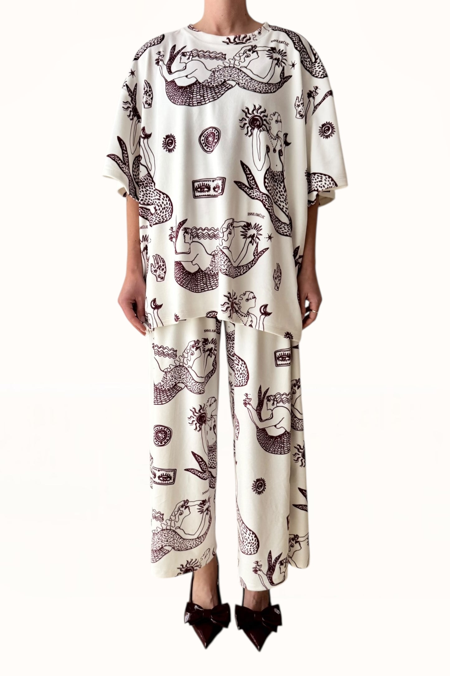 VELVET T-SHIRT - “MERMAID PRINT”  | OFF WHITE & EGGPLANT