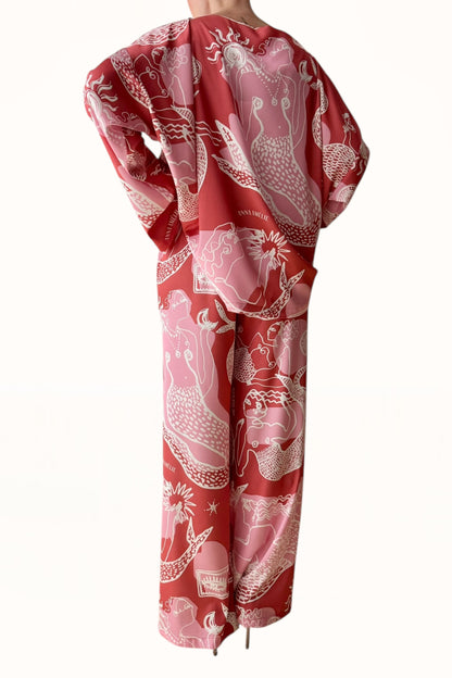 STRAIGHT CUT SATIN PANTS - "MERMAID PRINT"  | RUSTY PINK