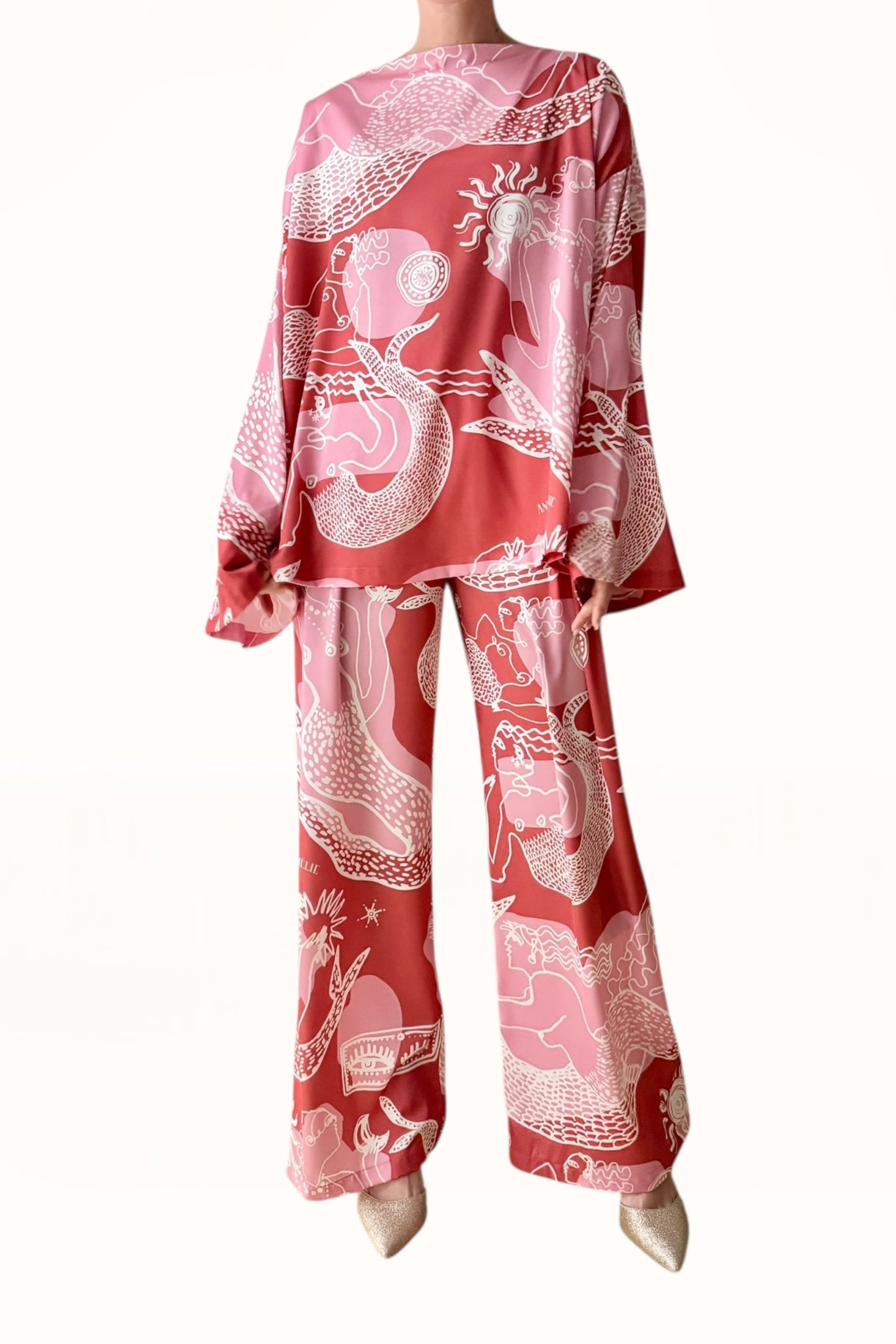 BOAT NECK SATIN TOP - "MERMAID PRINT"  | RUSTY PINK