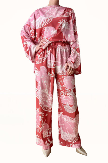 STRAIGHT CUT SATIN PANTS - "MERMAID PRINT"  | RUSTY PINK