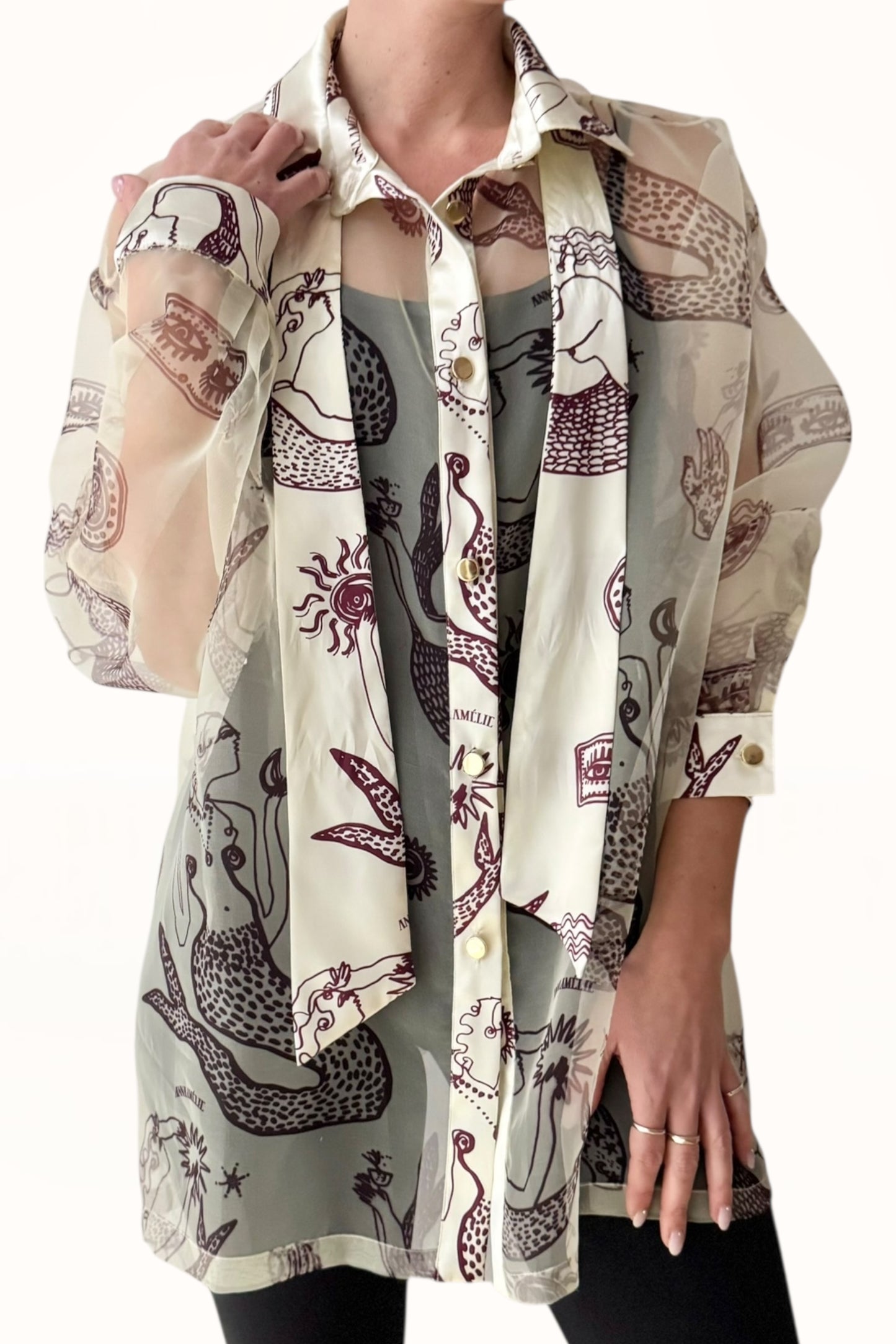 ORGANZA SHIRT w. SATIN ACCENTS - "MERMAIDS PRINT"  | LEMON BUTTER & EGGPLANT